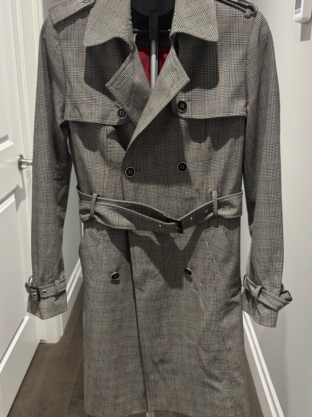 Tommy Hilfiger Grey Plaid Double-Breasted Trench Coat